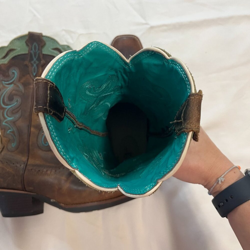 Justin Boots Brown Teal Calve Height Cowboy Boots | Size 6.5 - Picture 4 of 10